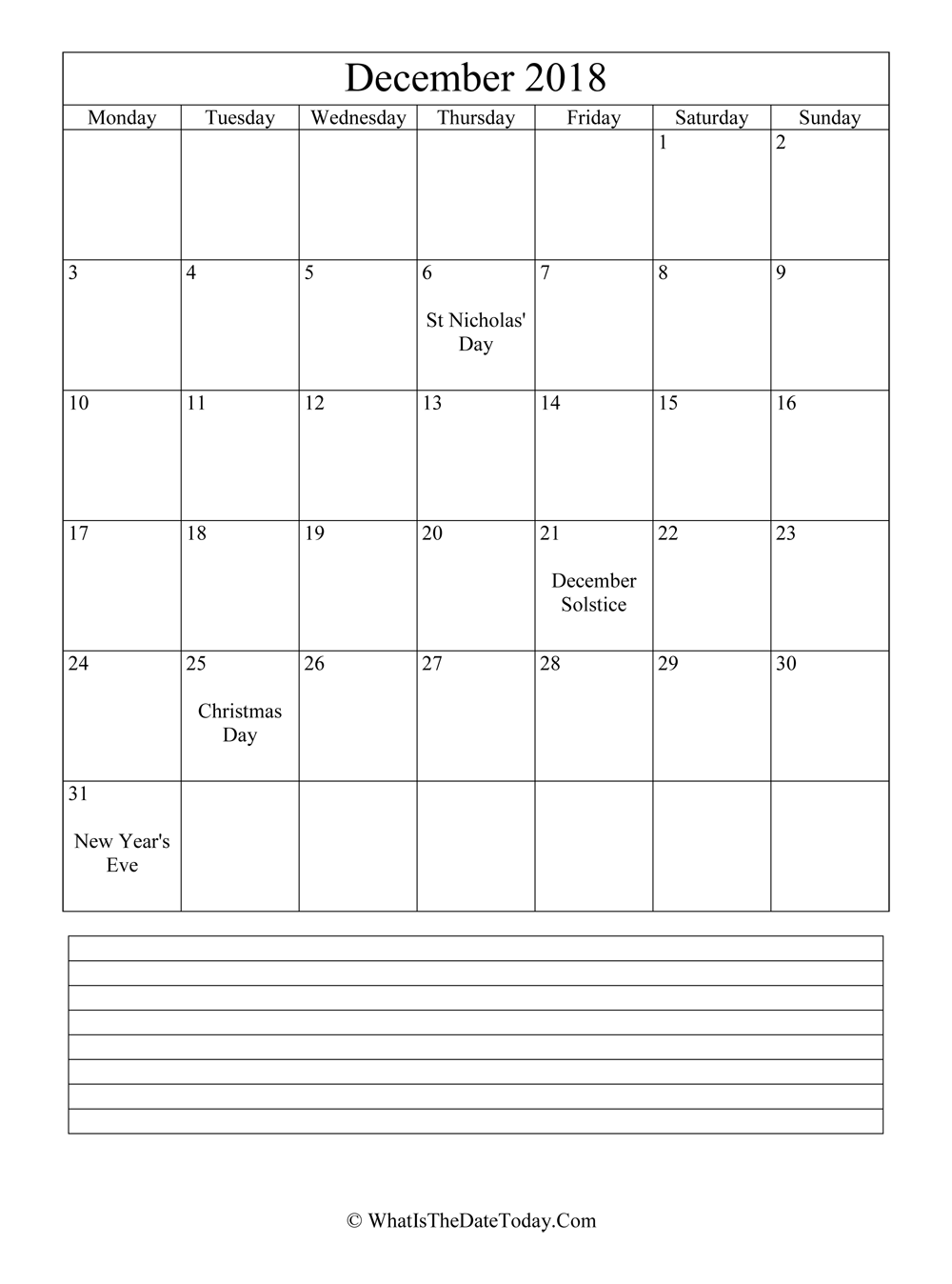 december 2018 calendar editable with notes in vertical layout