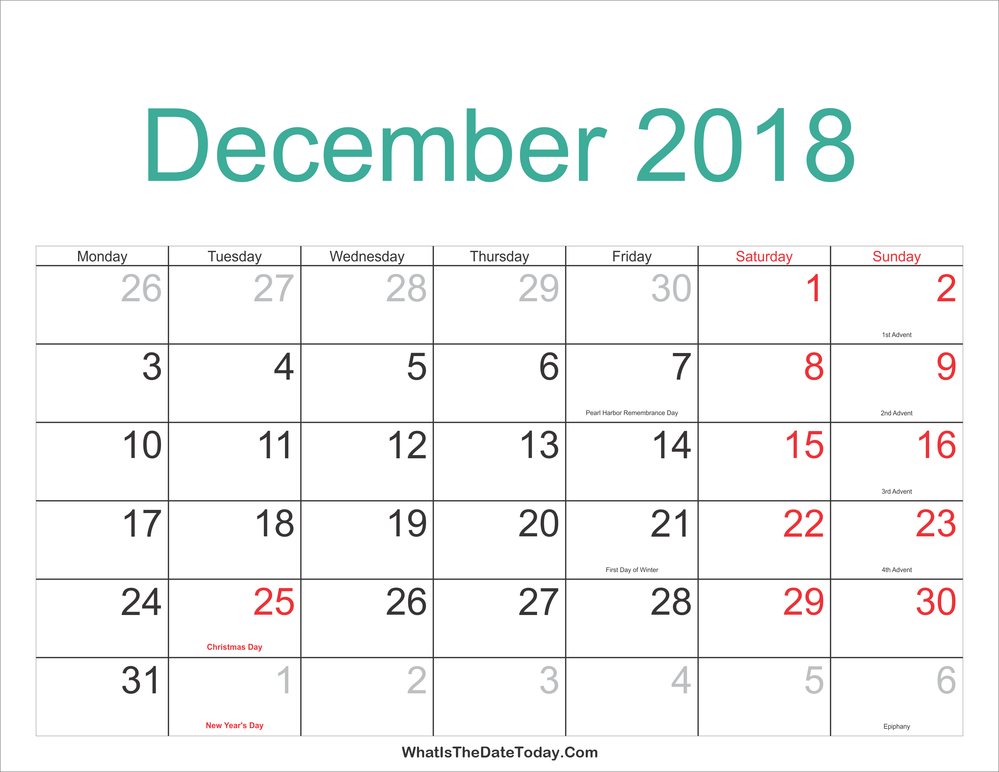 December Calendar For 2018