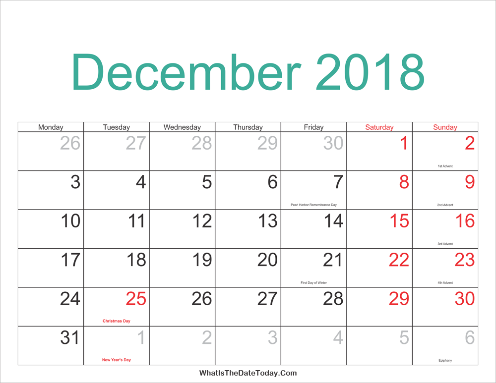 Calendar December 2018 With Holidays 2