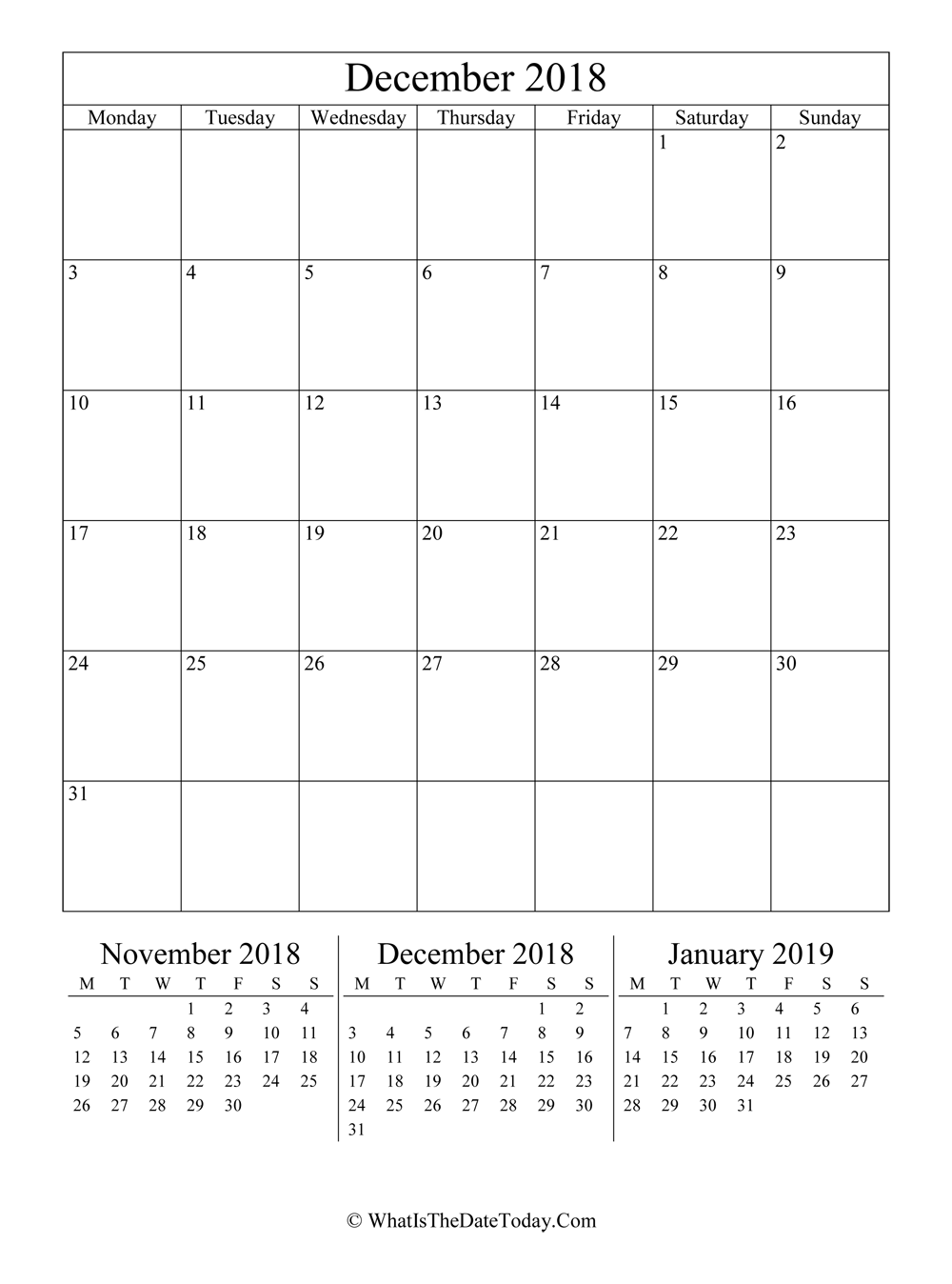 december 2018 editable calendar with three mini calendars in vertical layout