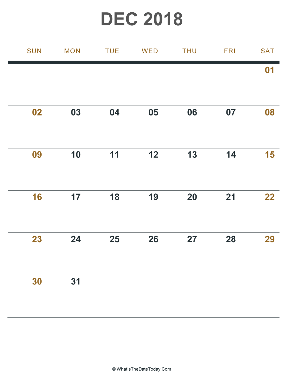 december 2018 printable calendar (portrait layout)
