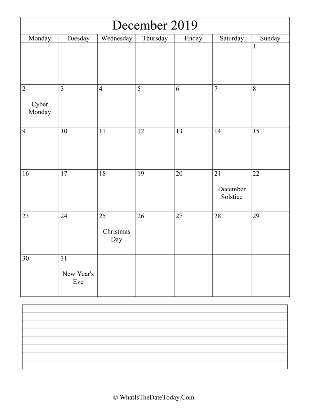 december 2019 calendar editable with notes in vertical layout