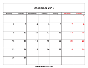 december 2019 calendar with weekend highlight