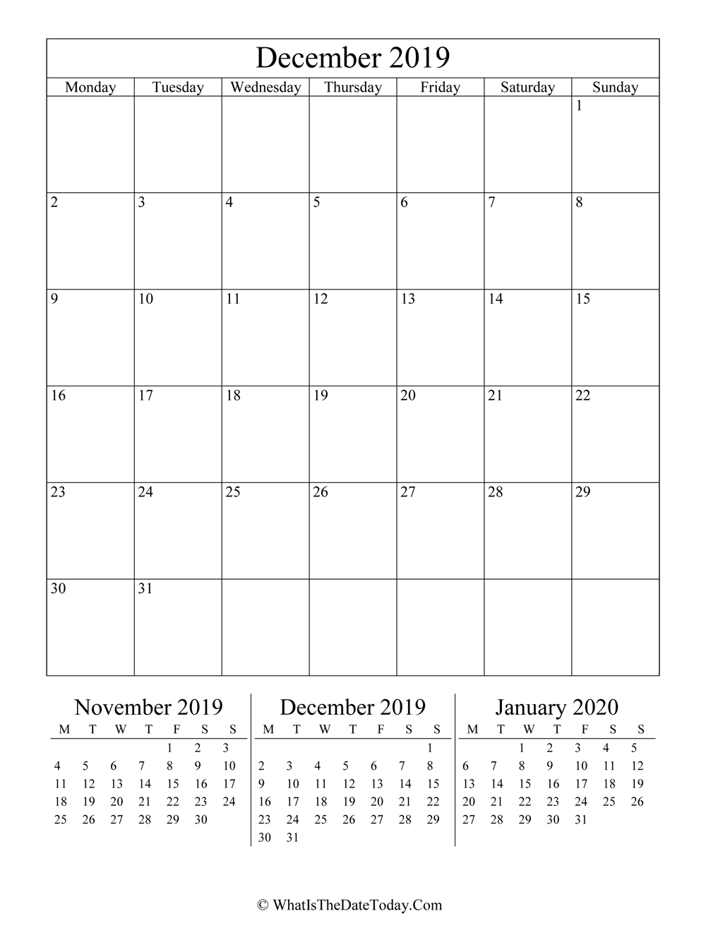 december 2019 editable calendar with three mini calendars in vertical layout