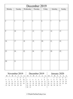 december 2019 editable calendar (vertical) with three mini months