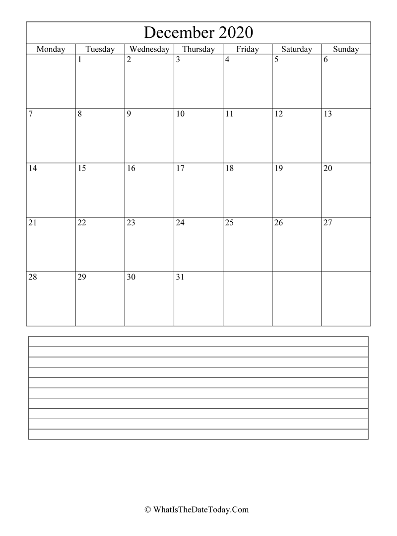 december 2020 calendar editable with notes in vertical layout