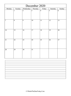 december 2020 calendar editable with notes