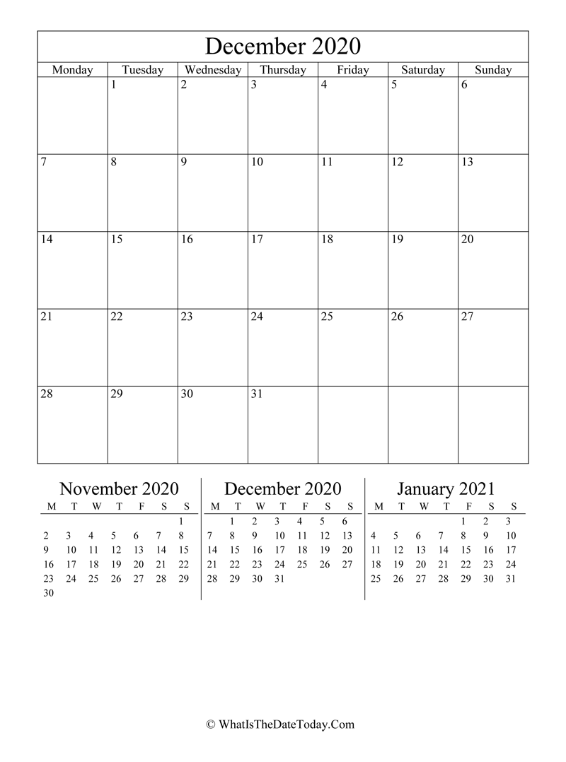december 2020 editable calendar with three mini calendars in vertical layout