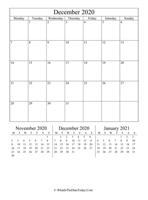 december 2020 editable calendar (vertical) with three mini months