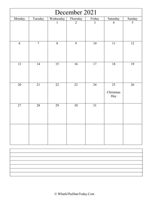 december 2021 calendar editable with notes