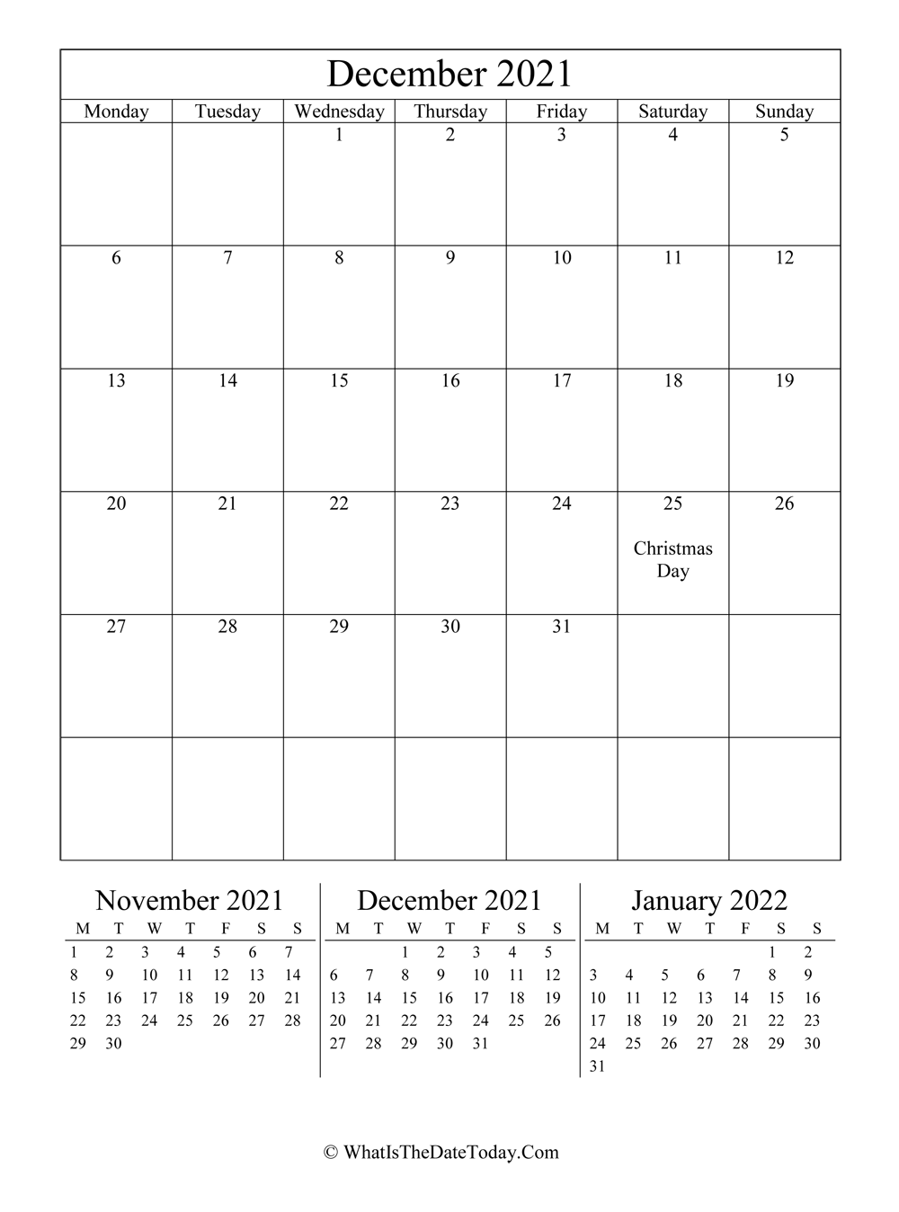 december 2021 editable calendar with three mini calendars in vertical layout