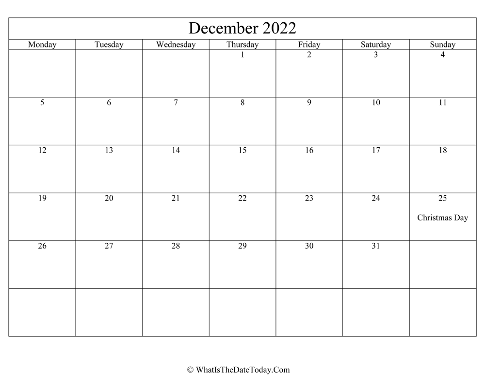 december 2022 Editable Calendar