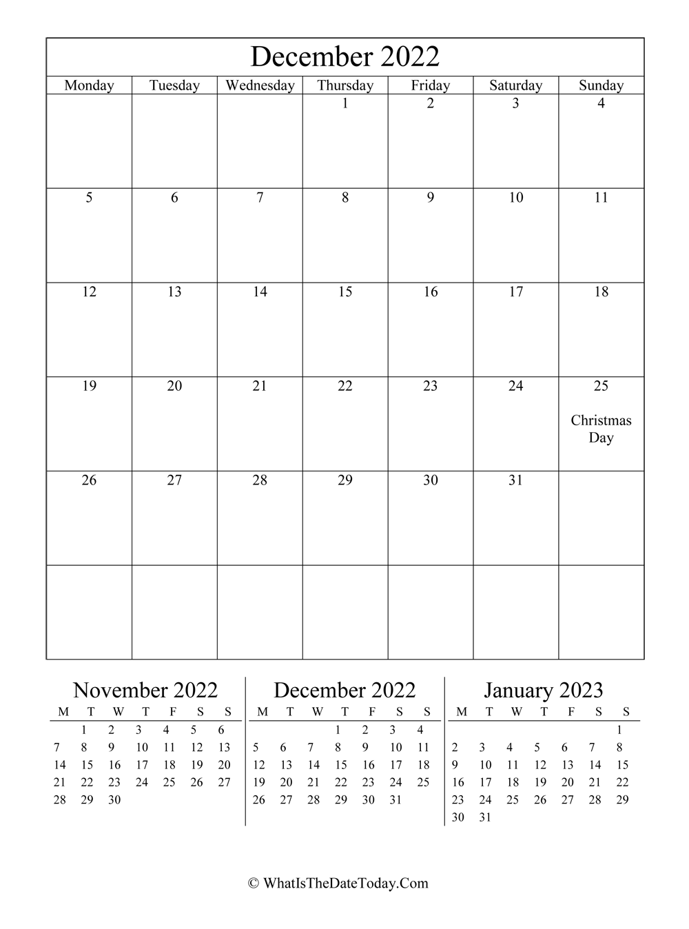december 2022 editable calendar with three mini calendars in vertical layout