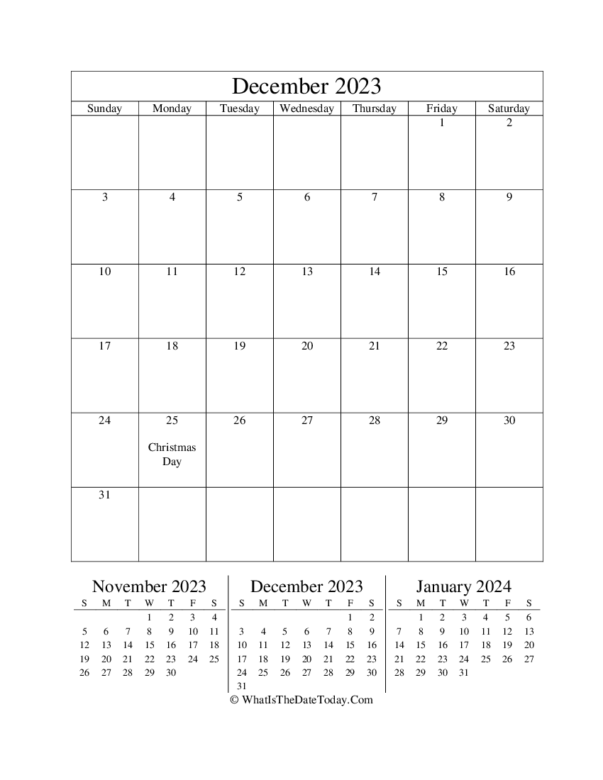december 2023 editable calendar with three mini calendars in vertical layout