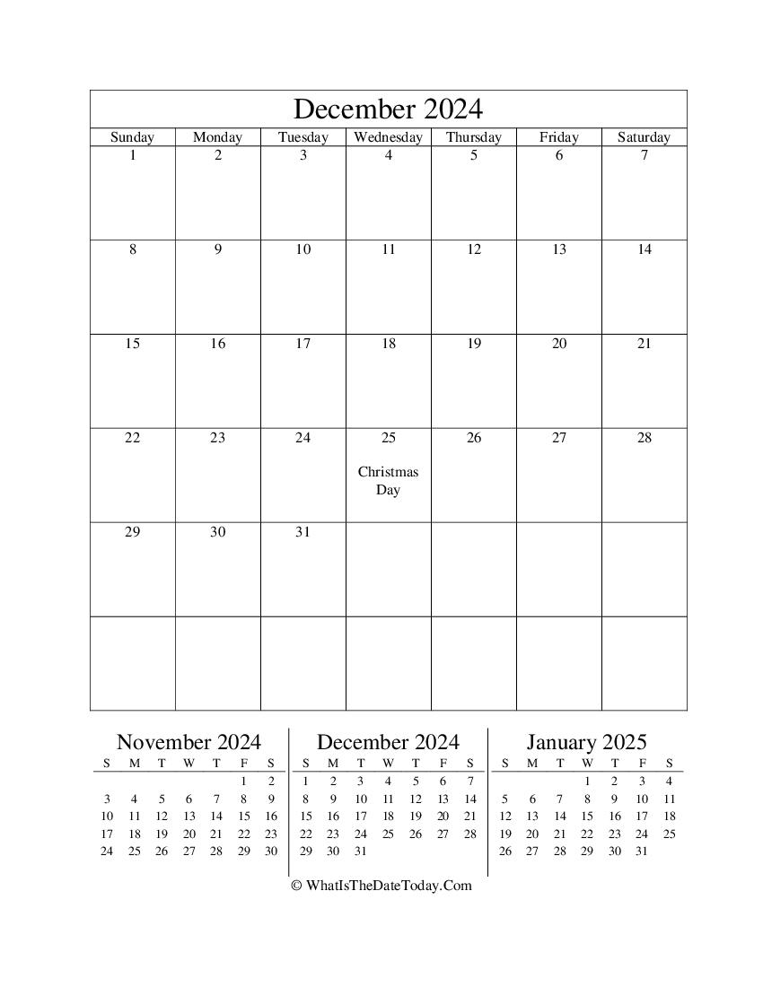 december 2024 editable calendar with three mini calendars in vertical layout