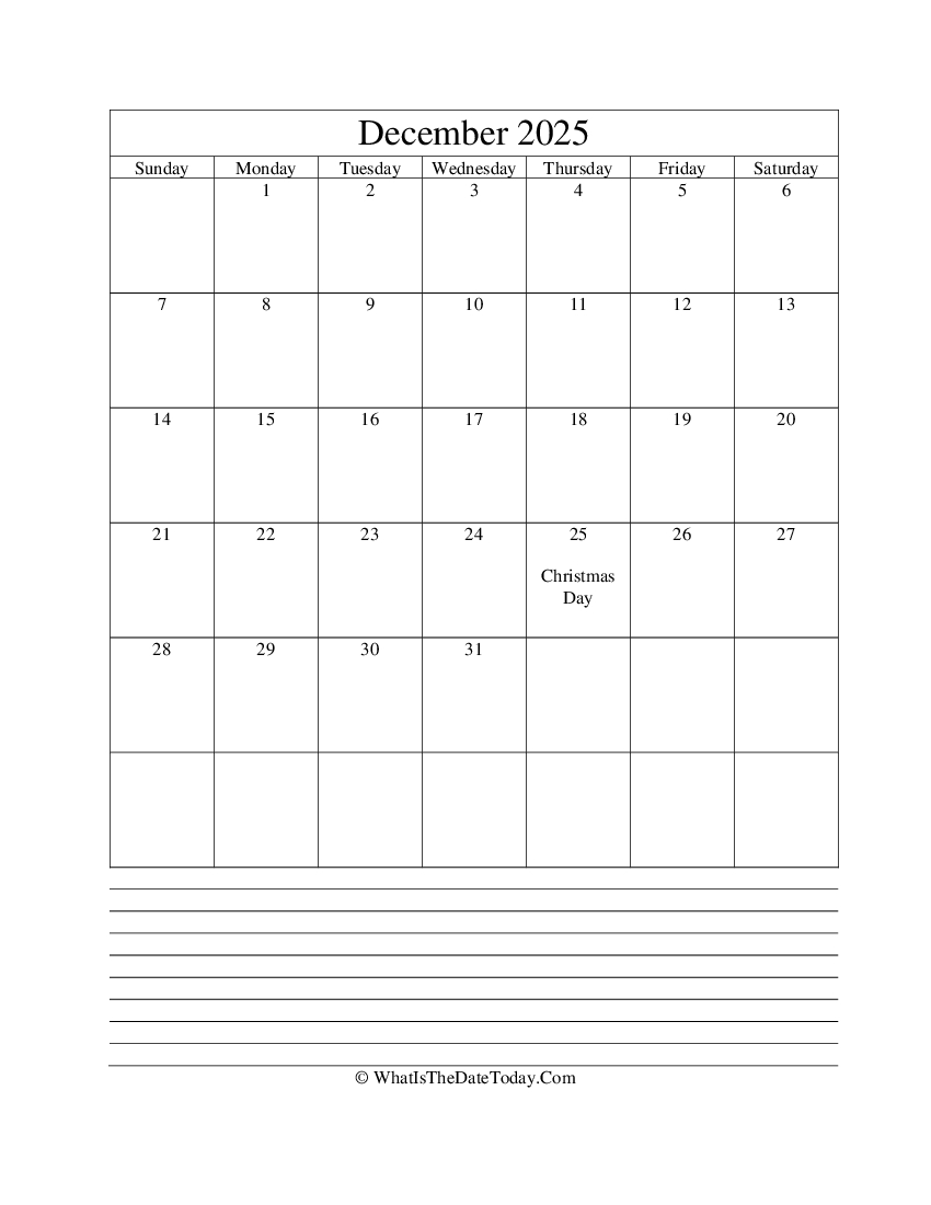 december 2025 calendar editable with notes in vertical layout