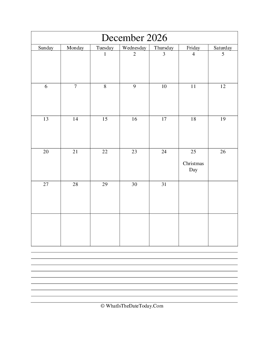december 2026 calendar editable with notes in vertical layout