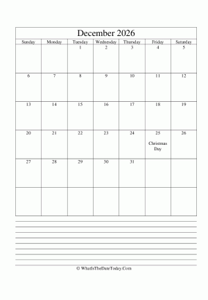 december 2026 calendar editable with notes