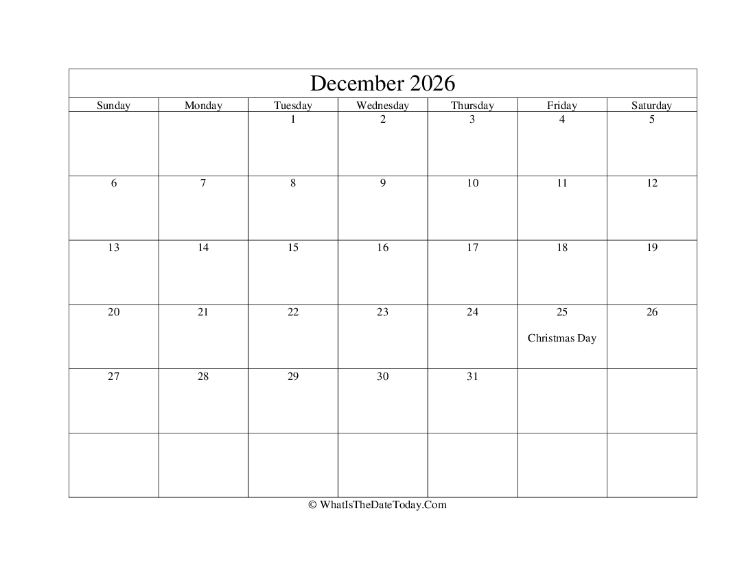 december 2026 Editable Calendar