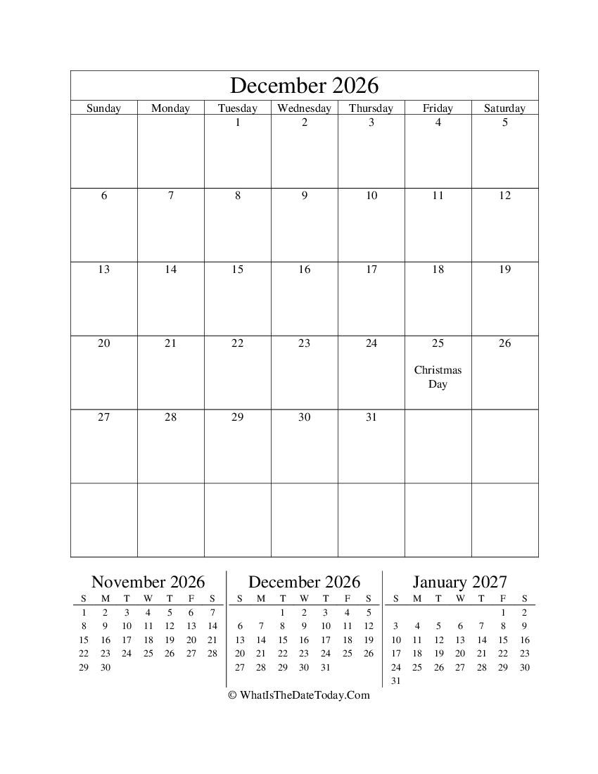 december 2026 editable calendar with three mini calendars in vertical layout