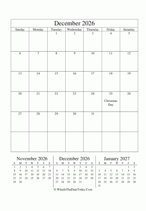 december 2026 editable calendar (vertical) with three mini months