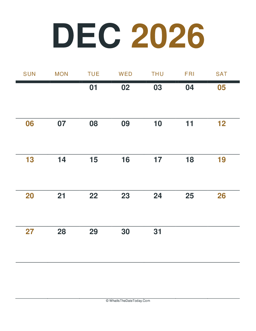 december 2026 printable calendar (portrait layout)