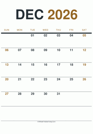 december 2026 printable calendar