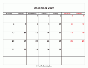 december 2027 calendar with weekend highlight