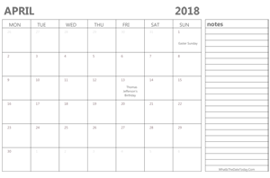 editable 2018 april calendar with notes