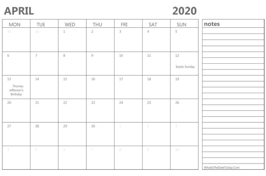 Editable april 2020 Calendar with Holidays and Notes