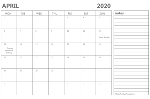 editable april 2020 calendar with holidays and notes