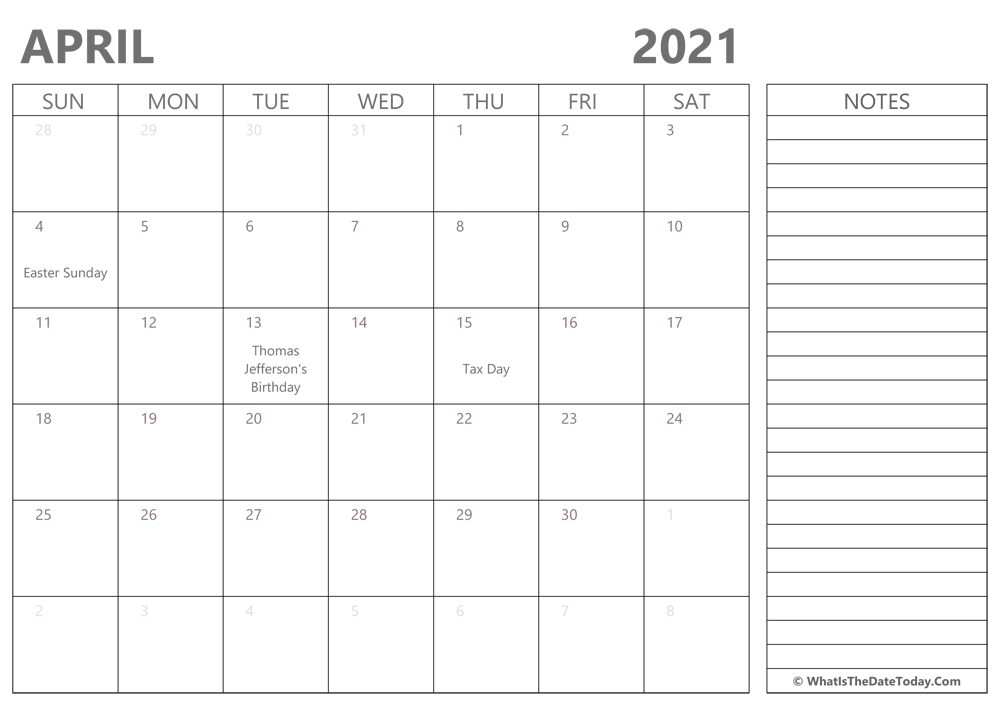 Editable april 2021 Calendar with Holidays and Notes