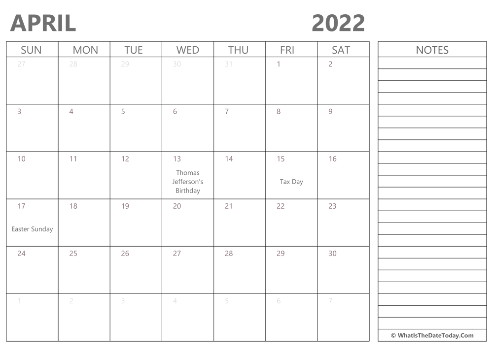 Editable april 2022 Calendar with Holidays and Notes