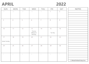 editable april 2022 calendar with holidays and notes