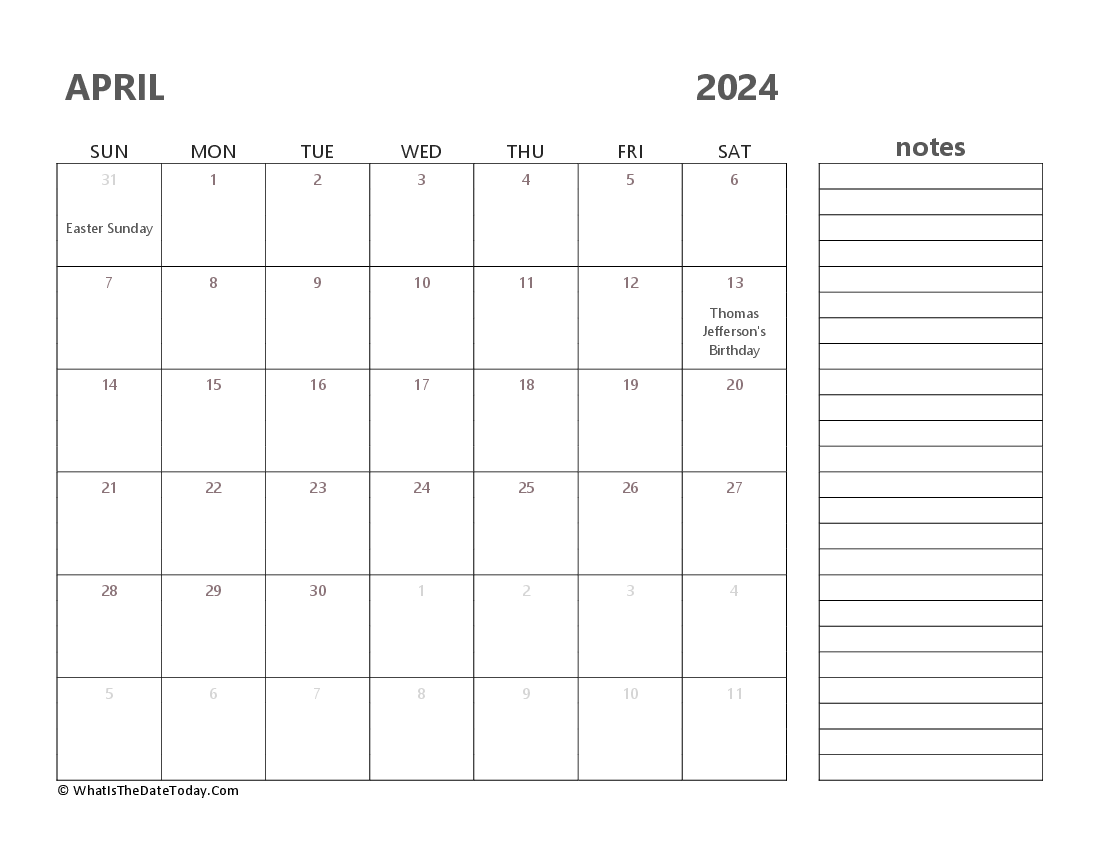Editable april 2024 Calendar with Holidays and Notes