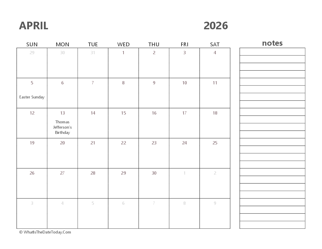 Editable april 2026 Calendar with Holidays and Notes