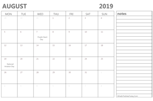 editable august 2019 calendar with holidays and notes