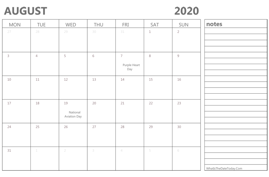 Editable august 2020 Calendar with Holidays and Notes