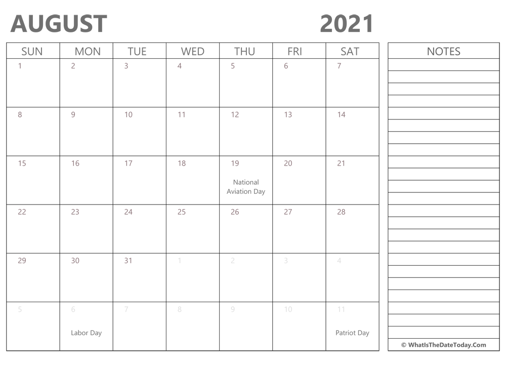 Editable august 2021 Calendar with Holidays and Notes