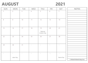 editable august 2021 calendar with holidays and notes
