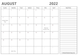 editable august 2022 calendar with holidays and notes