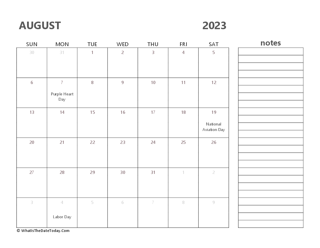 Editable august 2023 Calendar with Holidays and Notes
