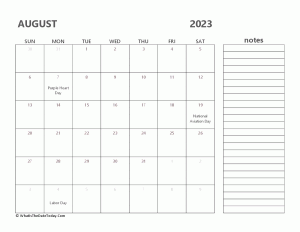 editable august 2023 calendar with holidays and notes