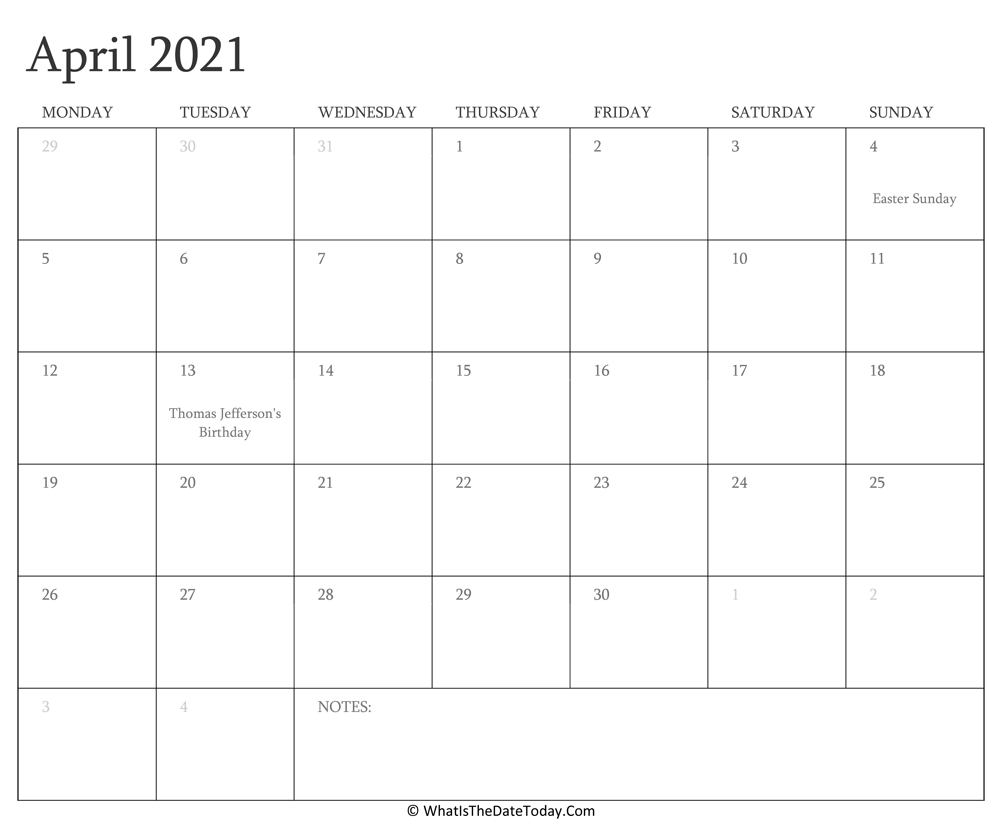 Editable Calendar april 2021 with Holidays