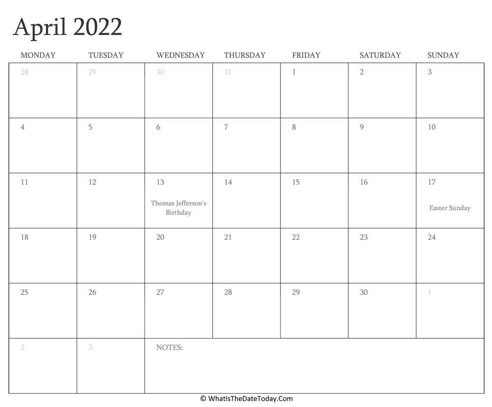 Editable Calendar april 2022 with Holidays