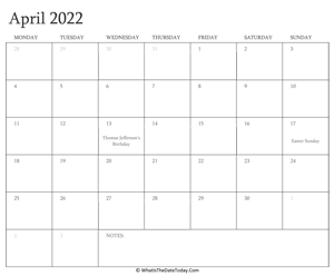 editable calendar april 2022 with holidays