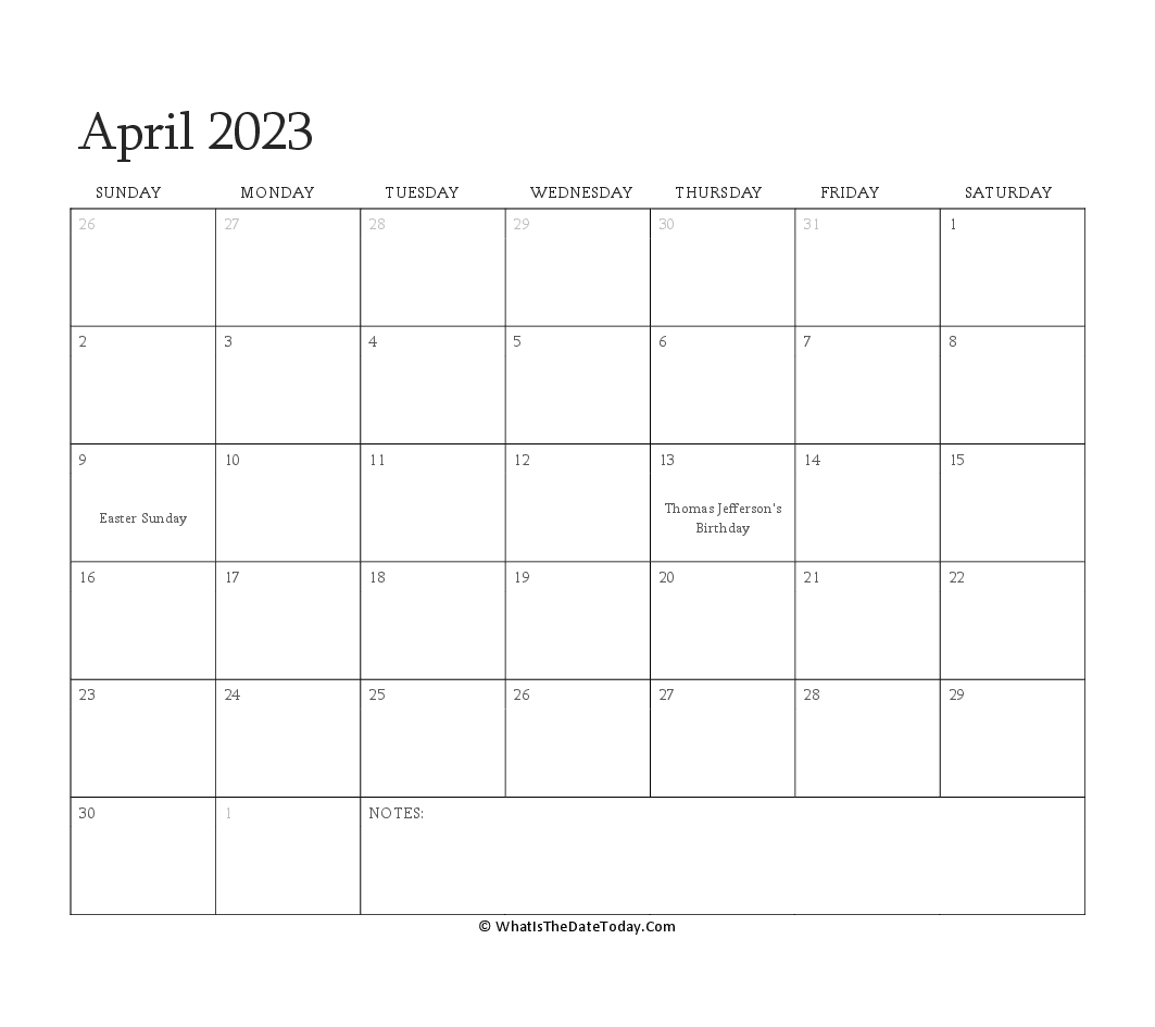 Editable Calendar April 2023