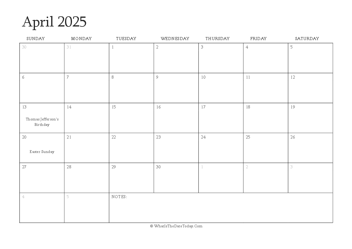 Editable Calendar april 2025 with Holidays