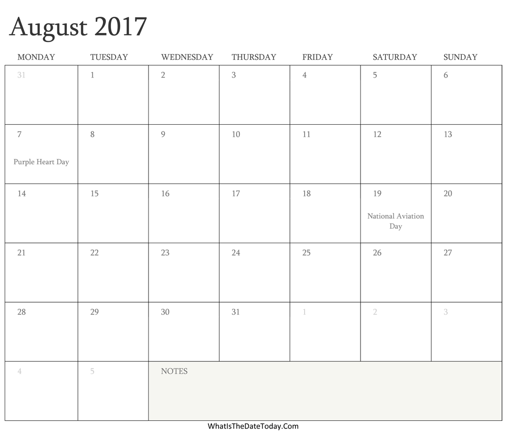 Editable Calendar august 2017 with Holidays