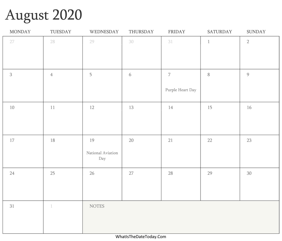 Editable Calendar august 2020 with Holidays